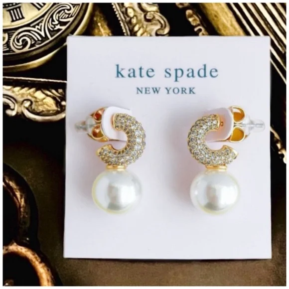 KATE SPADE • Gold Showtime Crystal Drop Huggies Hoop Pearl Earrings - Picture 4 of 4